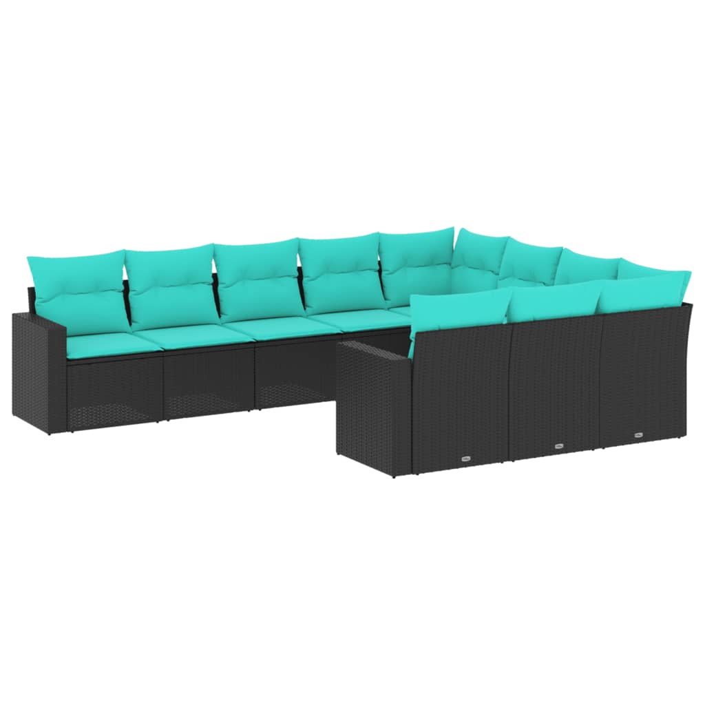 10 Piece Patio Sofa Set with Cushions Black Poly Rattan