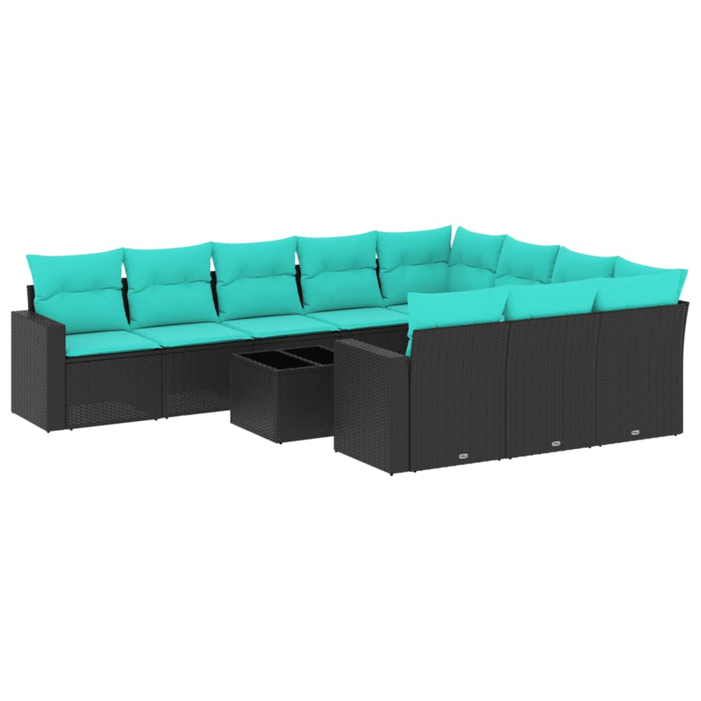11 Piece Patio Sofa Set with Cushions Black Poly Rattan