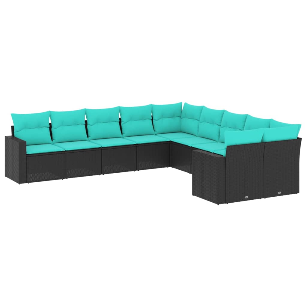 10 Piece Patio Sofa Set with Cushions Black Poly Rattan