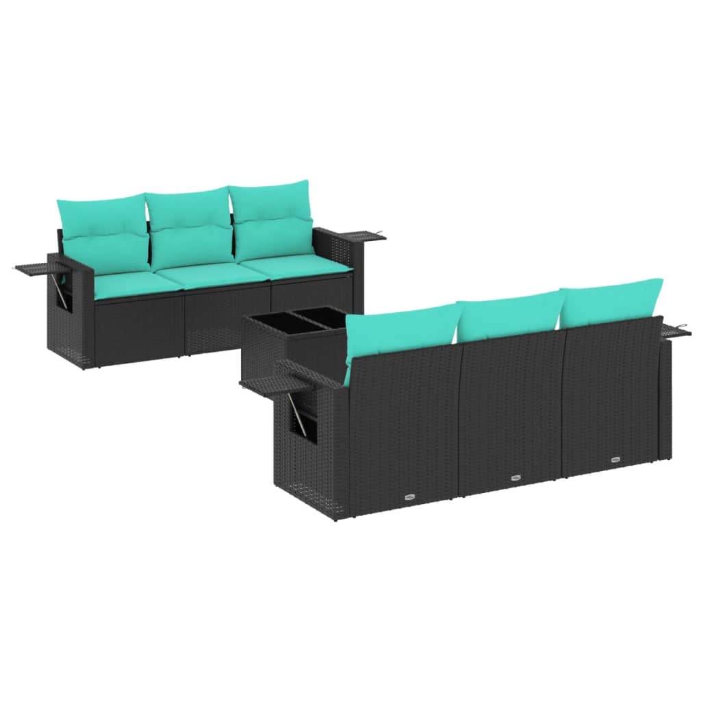 7 Piece Patio Sofa Set with Cushions Black Poly Rattan