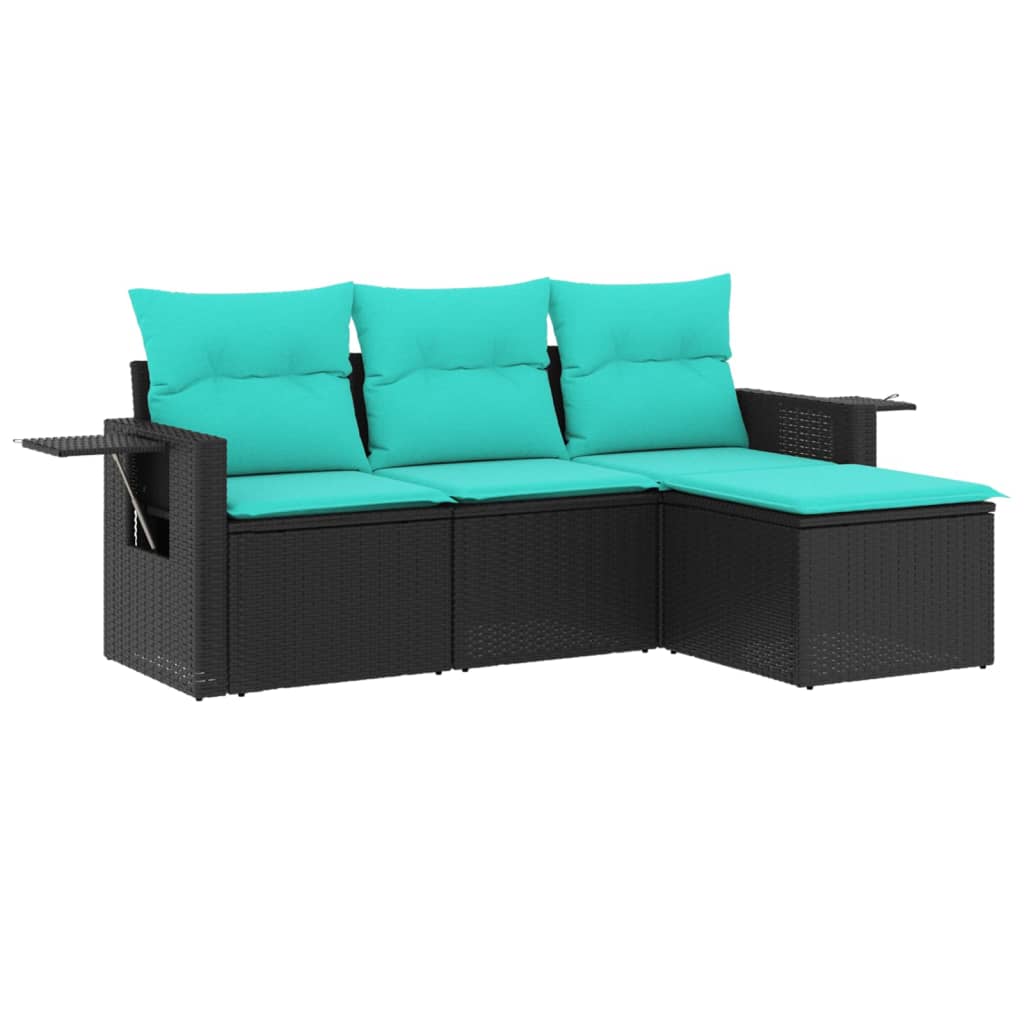 Garden Sofa Set Black, Blue PE rattan, powder-coated steel, polyester