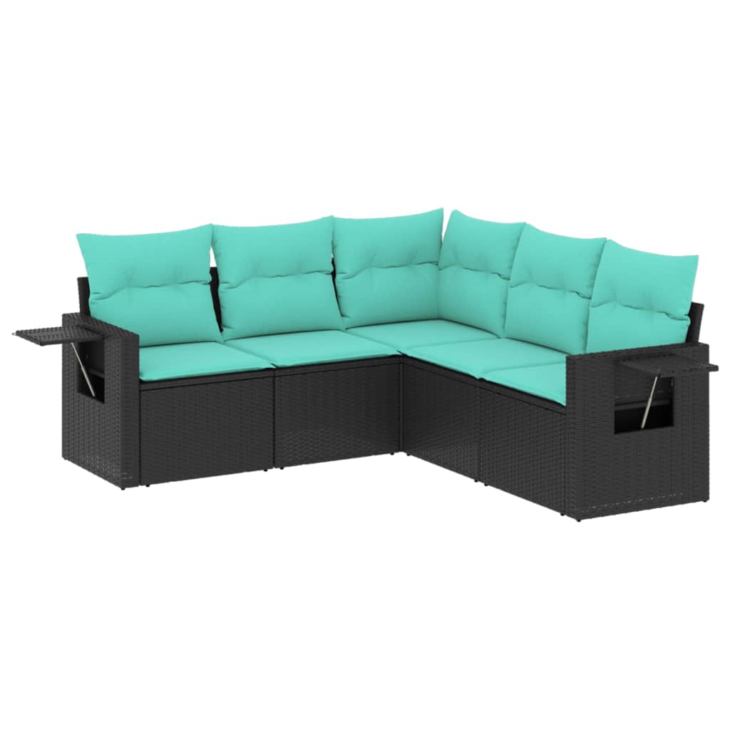 5 Piece Patio Sofa Set with Cushions Black Poly Rattan