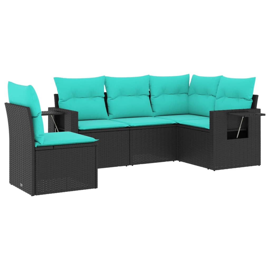 5 Piece Patio Sofa Set with Cushions Black Poly Rattan