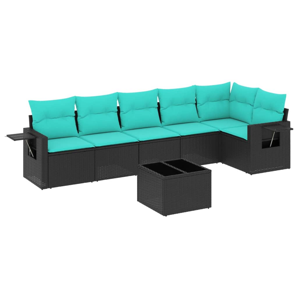 7 Piece Patio Sofa Set with Cushions Black Poly Rattan