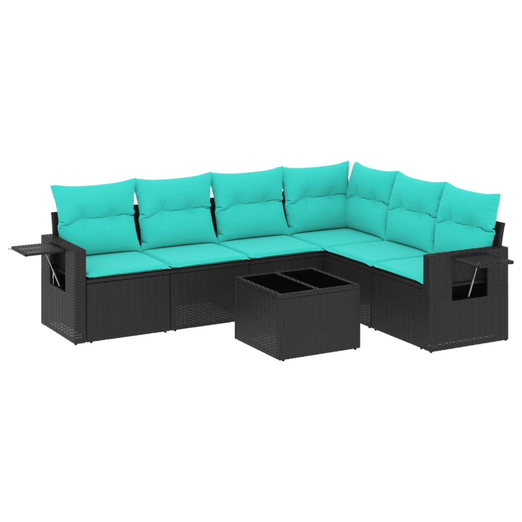 7 Piece Patio Sofa Set with Cushions Black Poly Rattan