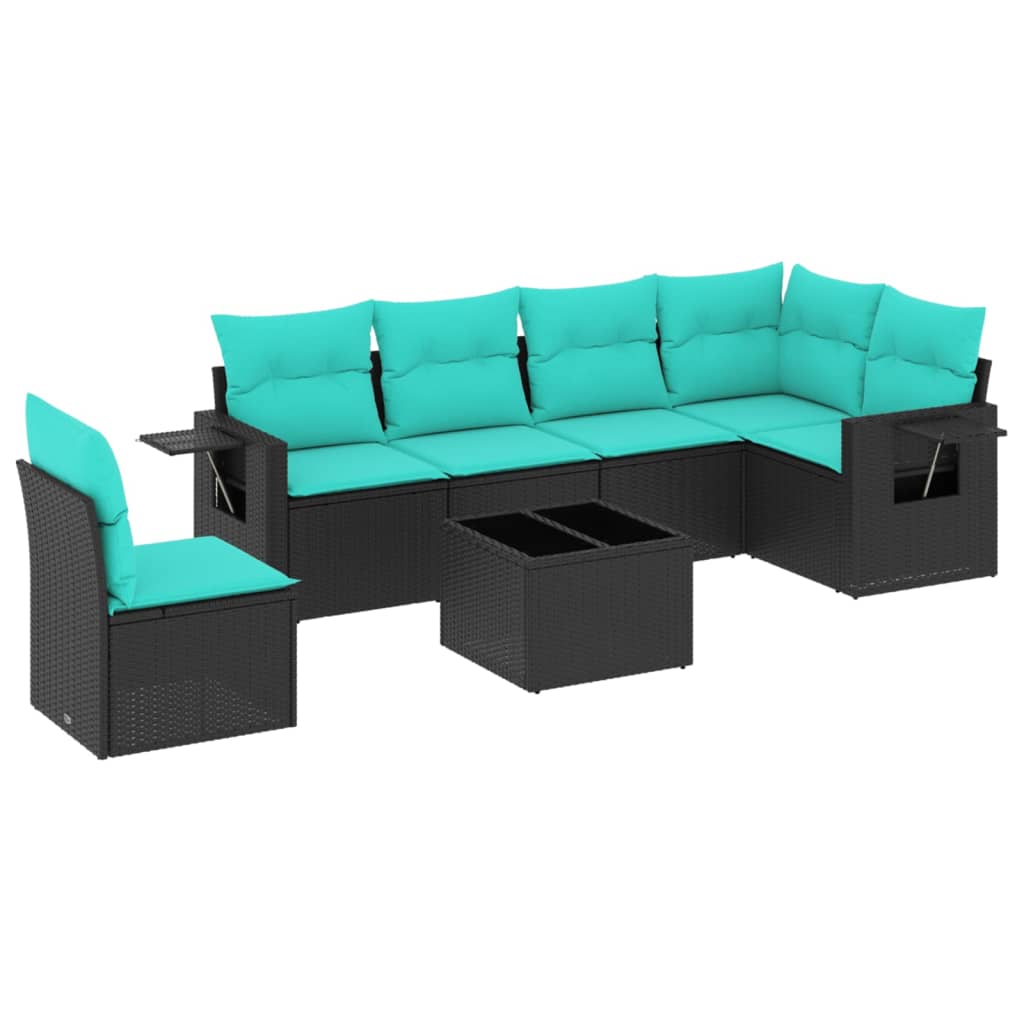 7 Piece Patio Sofa Set with Cushions Black Poly Rattan