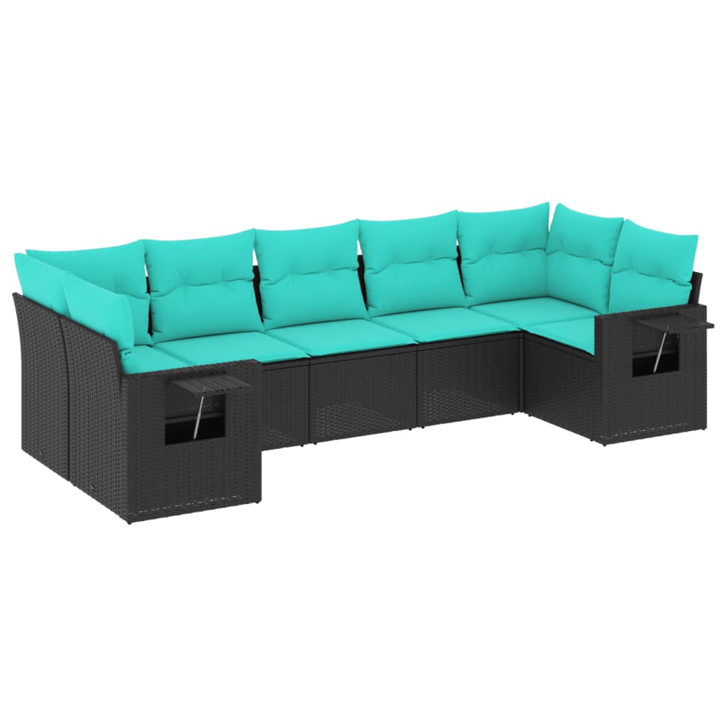 7 Piece Patio Sofa Set with Cushions Black Poly Rattan