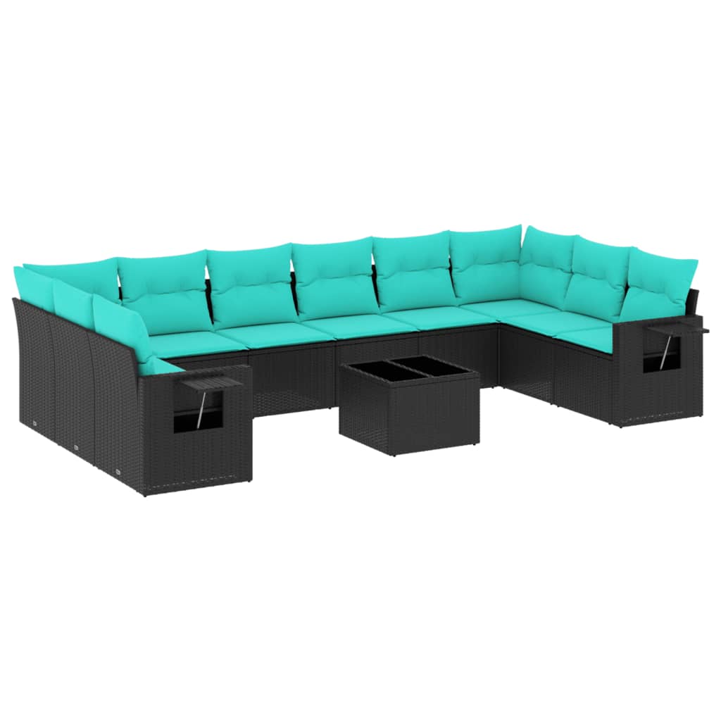 11 Piece Patio Sofa Set with Cushions Black Poly Rattan