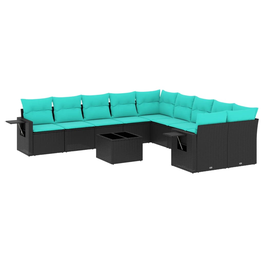11 Piece Patio Sofa Set with Cushions Black Poly Rattan