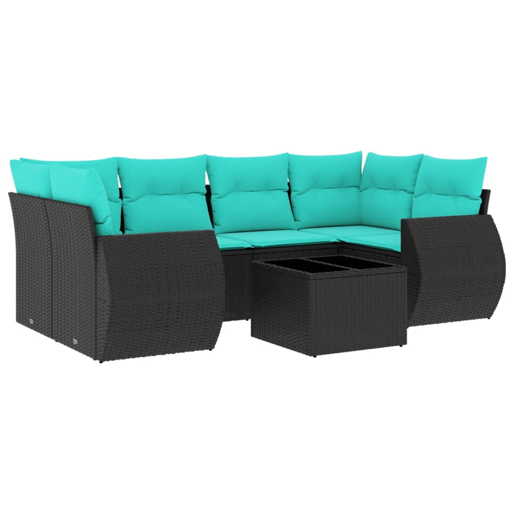 7 Piece Patio Sofa Set with Cushions Black Poly Rattan