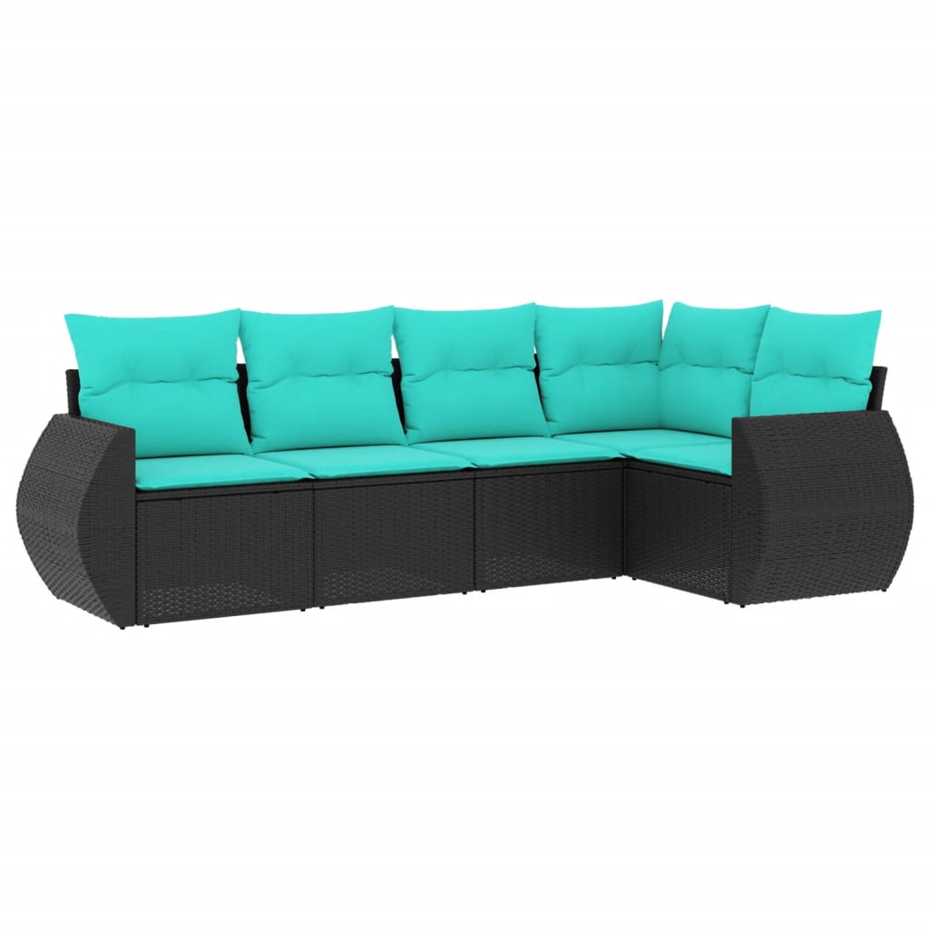 5 Piece Patio Sofa Set with Cushions Black Poly Rattan