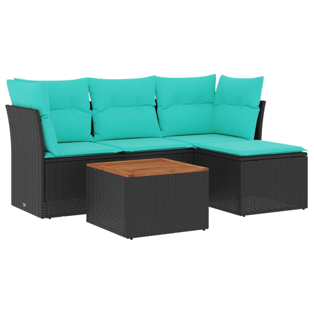 5 Piece Patio Sofa Set with Cushions Black Poly Rattan