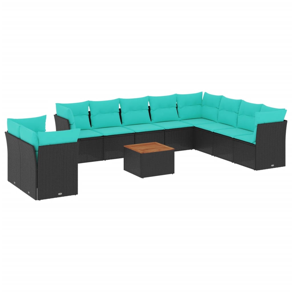 11 Piece Patio Sofa Set with Cushions Black Poly Rattan