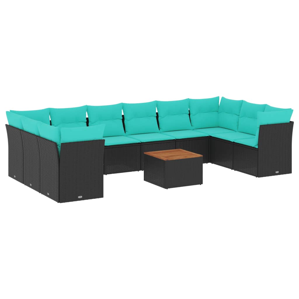 11 Piece Patio Sofa Set with Cushions Black Poly Rattan