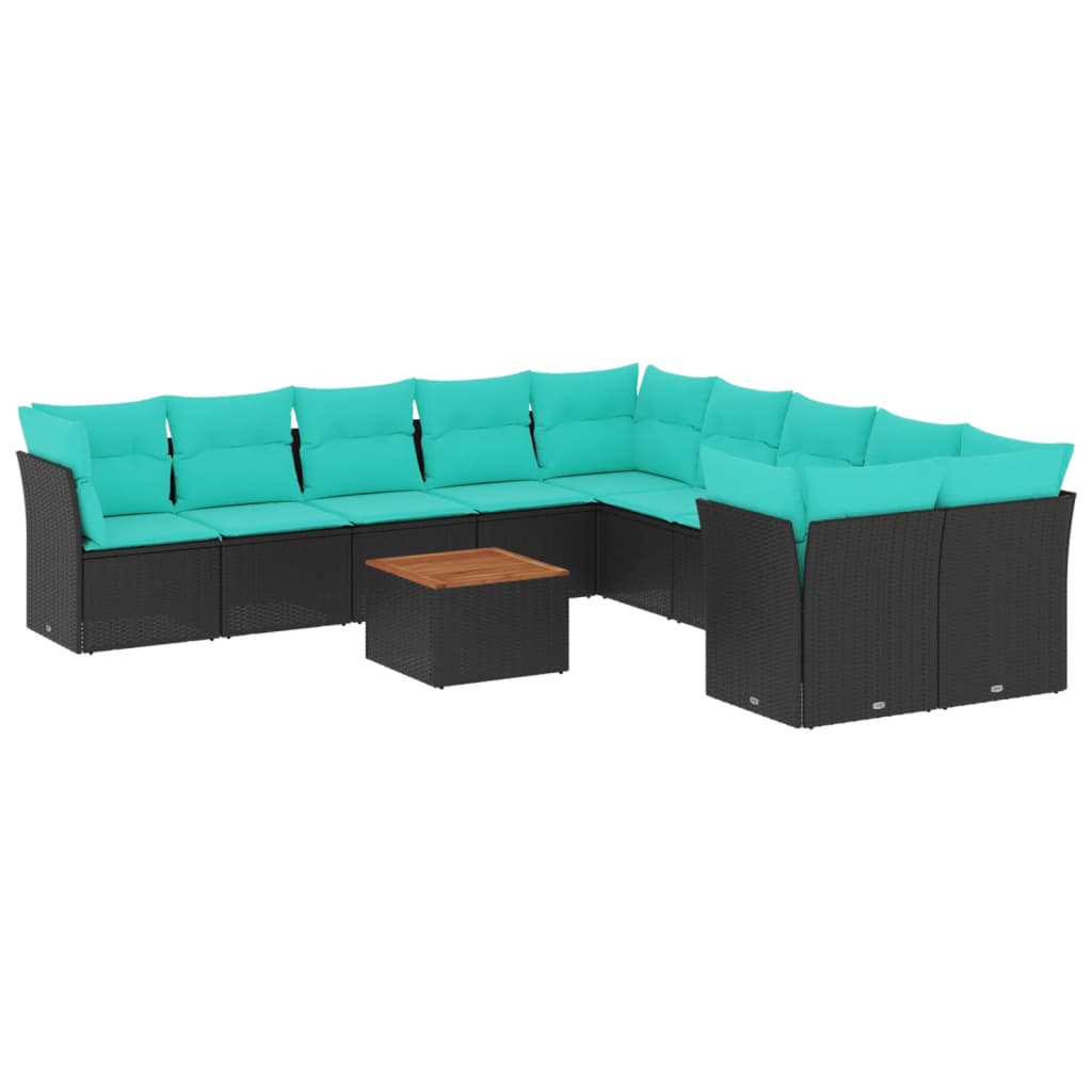 11 Piece Patio Sofa Set with Cushions Black Poly Rattan