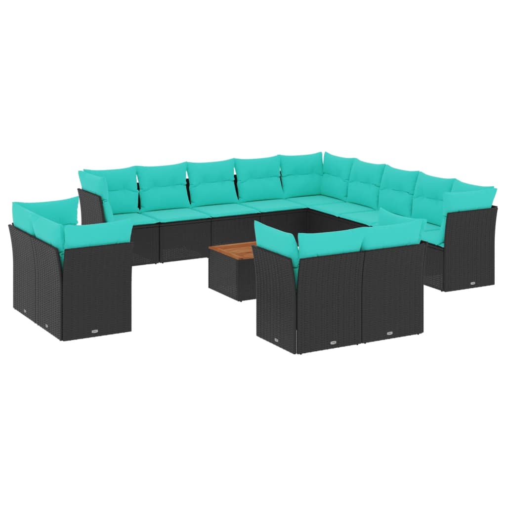 14 Piece Patio Sofa Set with Cushions Black Poly Rattan