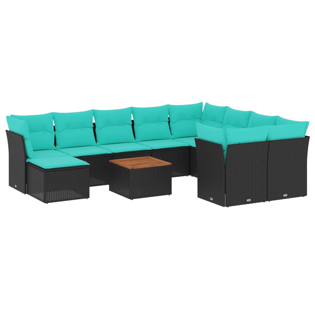 11 Piece Patio Sofa Set with Cushions Black Poly Rattan