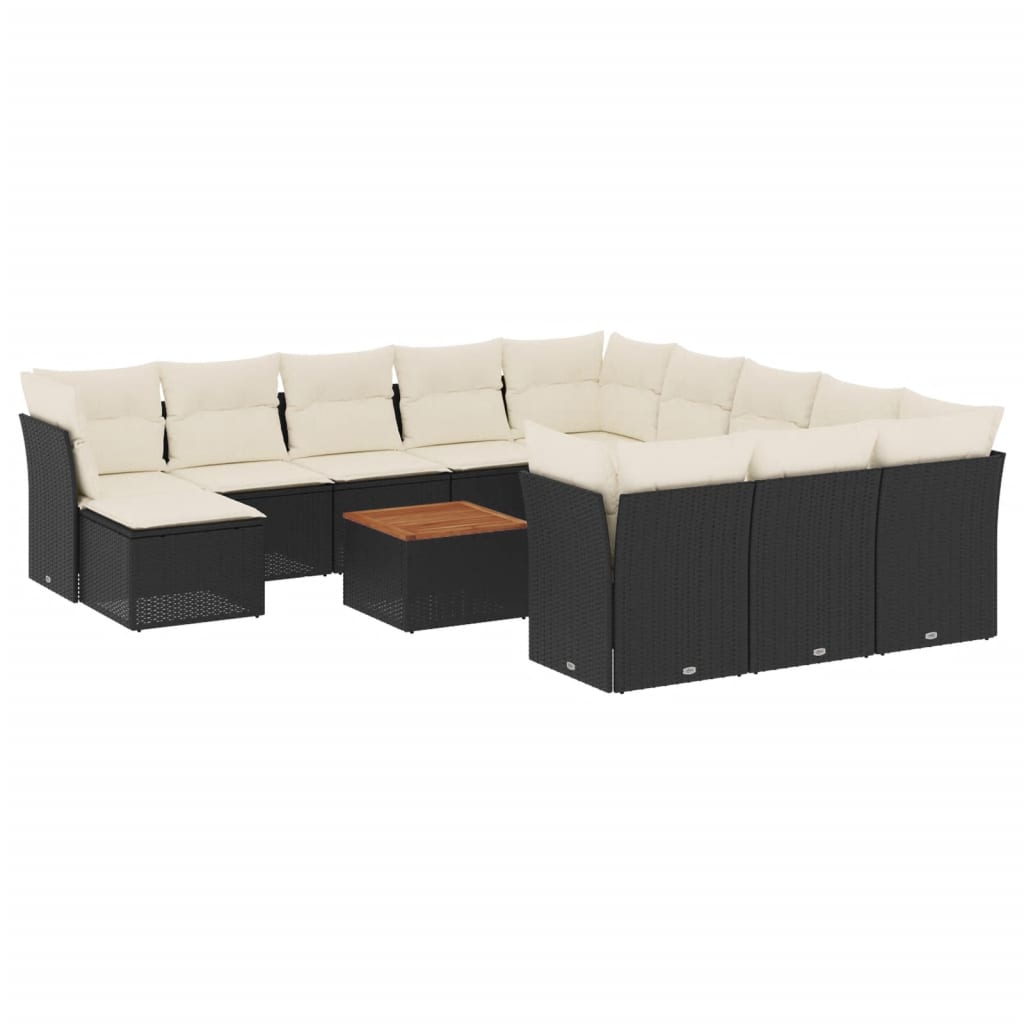 Garden Sofa Set Black PE rattan, Powder-Coated Steel, Acacia wood