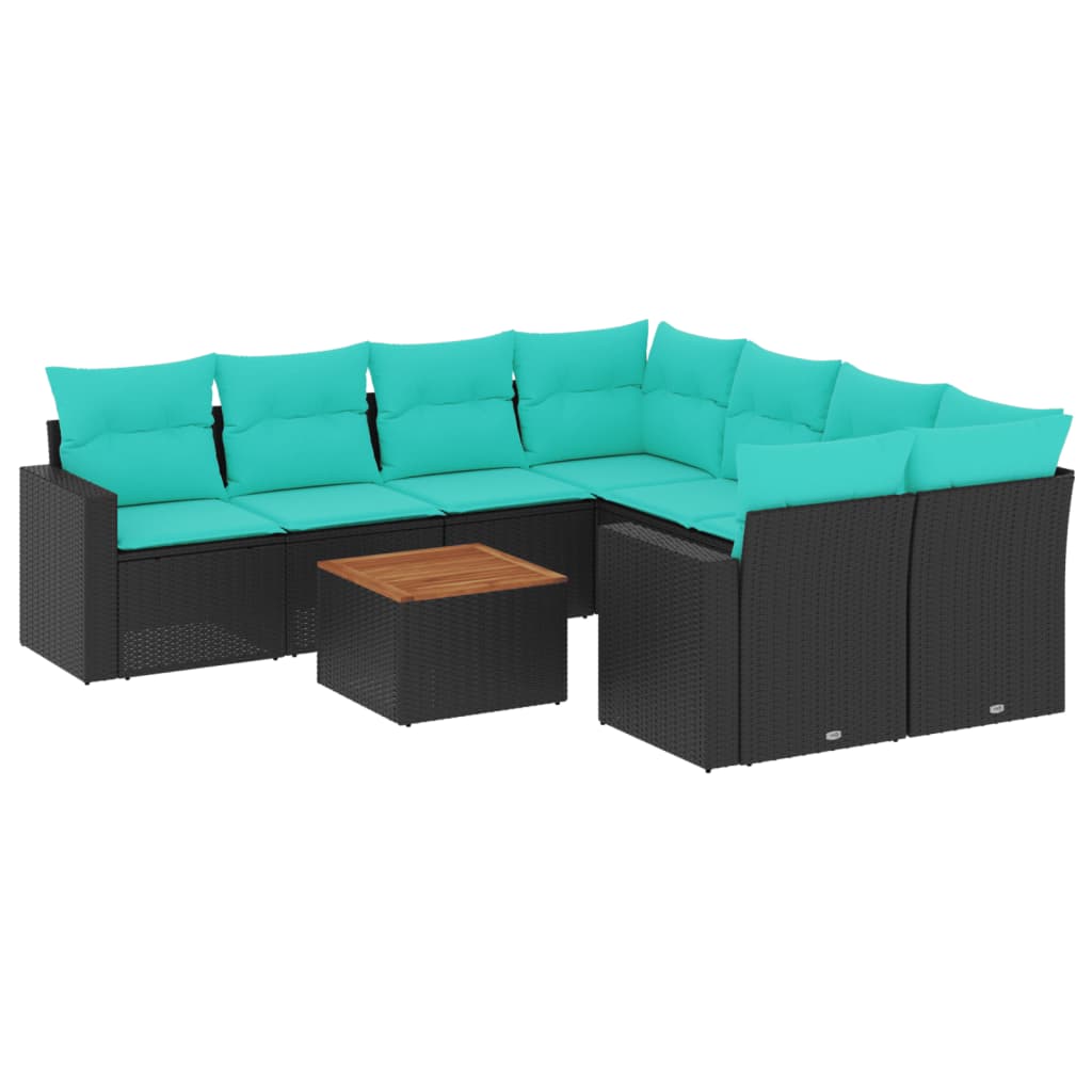 9 Piece Patio Sofa Set with Cushions Black Poly Rattan