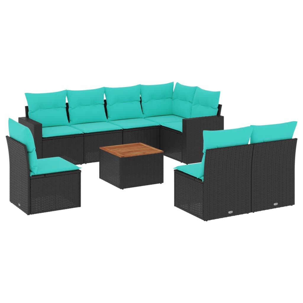 9 Piece Patio Sofa Set with Cushions Black Poly Rattan