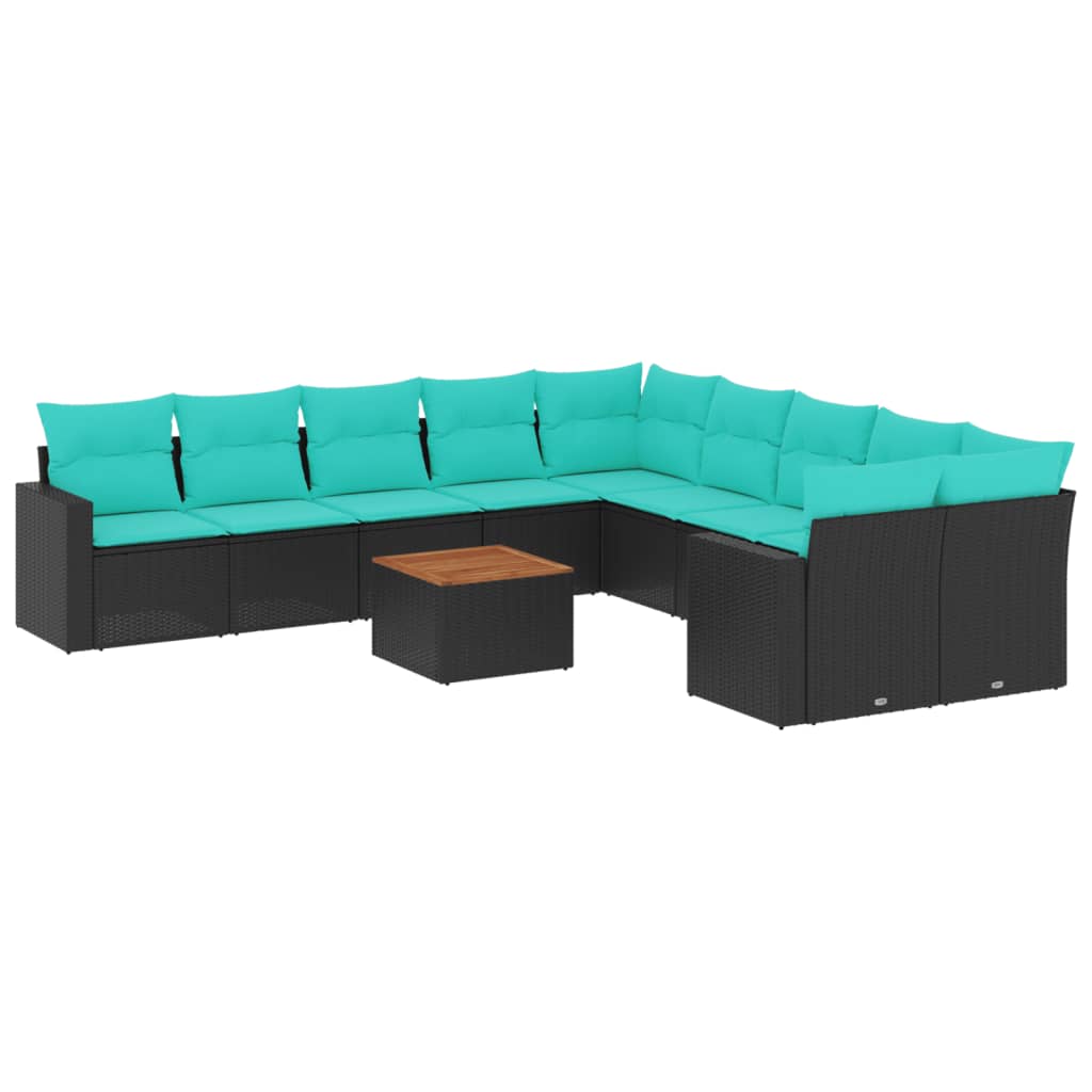 11 Piece Patio Sofa Set with Cushions Black Poly Rattan