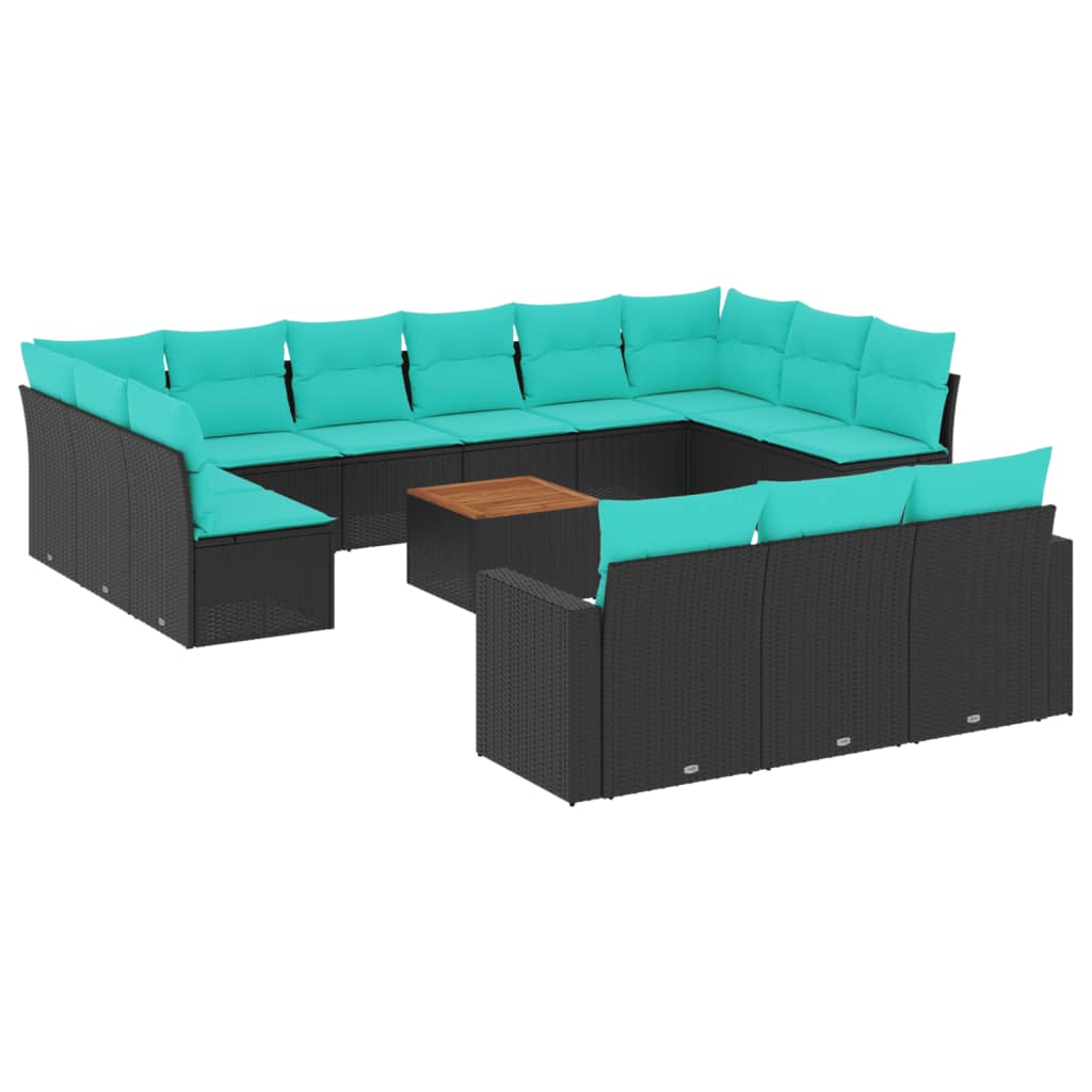14 Piece Patio Sofa Set with Cushions Black Poly Rattan