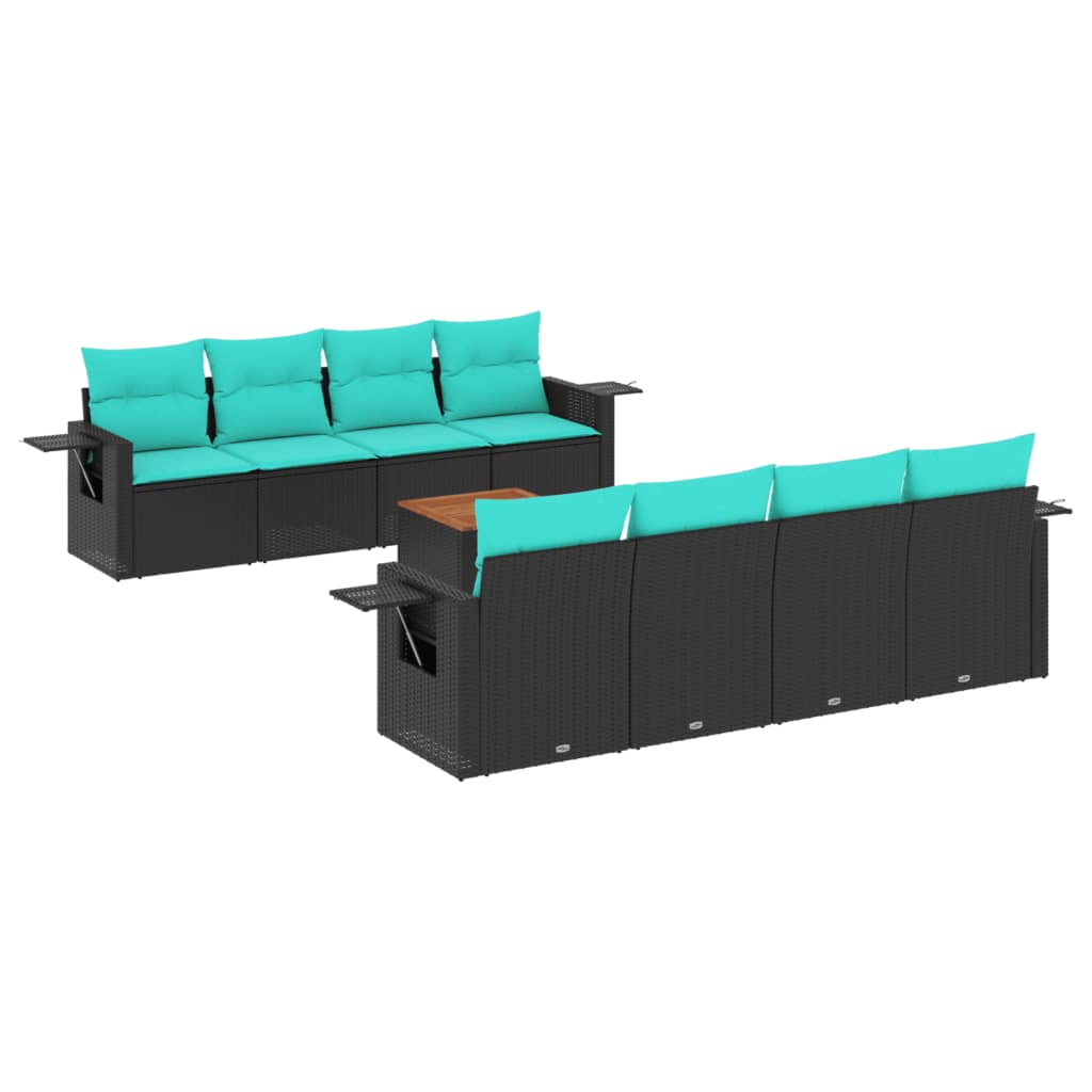 9 Piece Patio Sofa Set with Cushions Black Poly Rattan