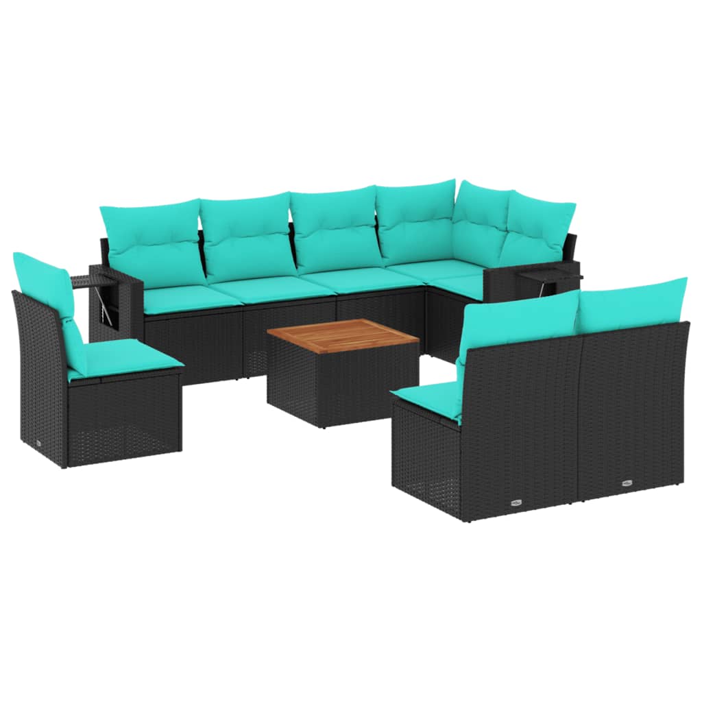 9 Piece Patio Sofa Set with Cushions Black Poly Rattan