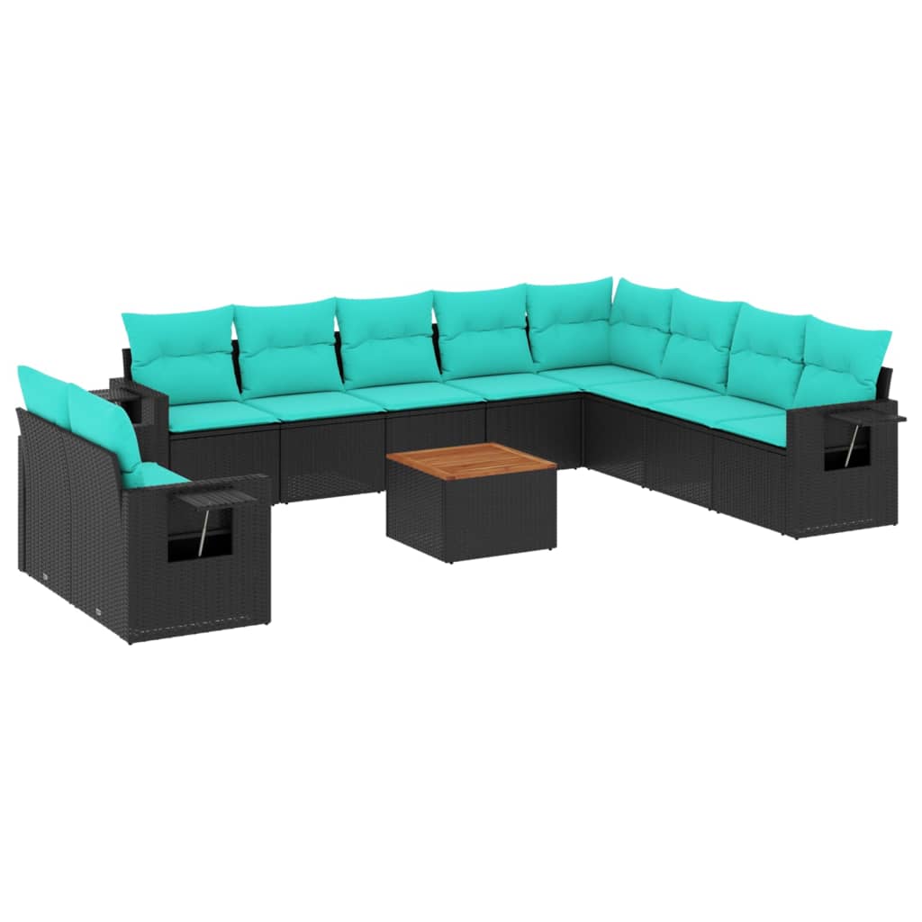 11 Piece Patio Sofa Set with Cushions Black Poly Rattan
