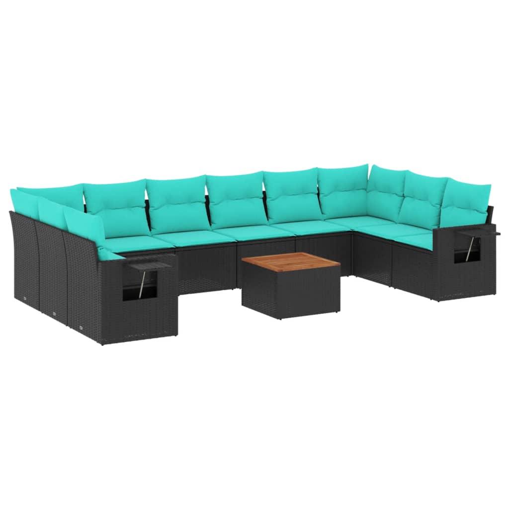 11 Piece Patio Sofa Set with Cushions Black Poly Rattan