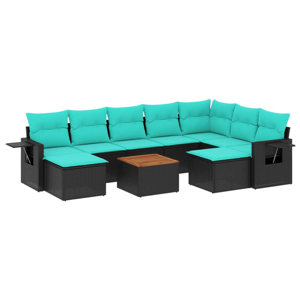 10 Piece Patio Sofa Set with Cushions Black Poly Rattan