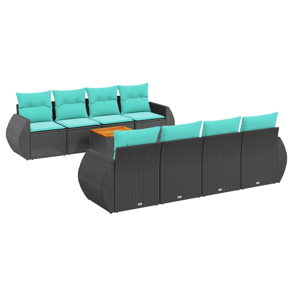 9 Piece Patio Sofa Set with Cushions Black Poly Rattan