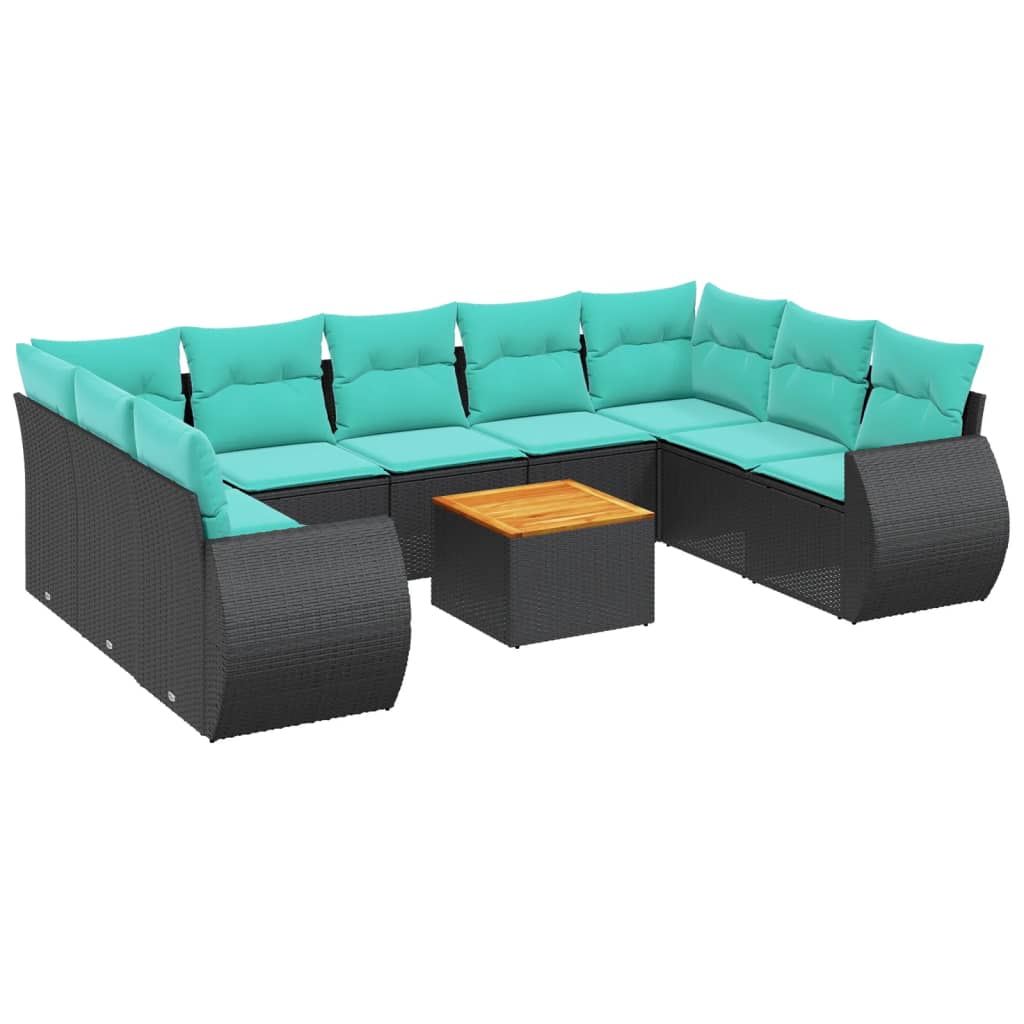 10 Piece Patio Sofa Set with Cushions Black Poly Rattan