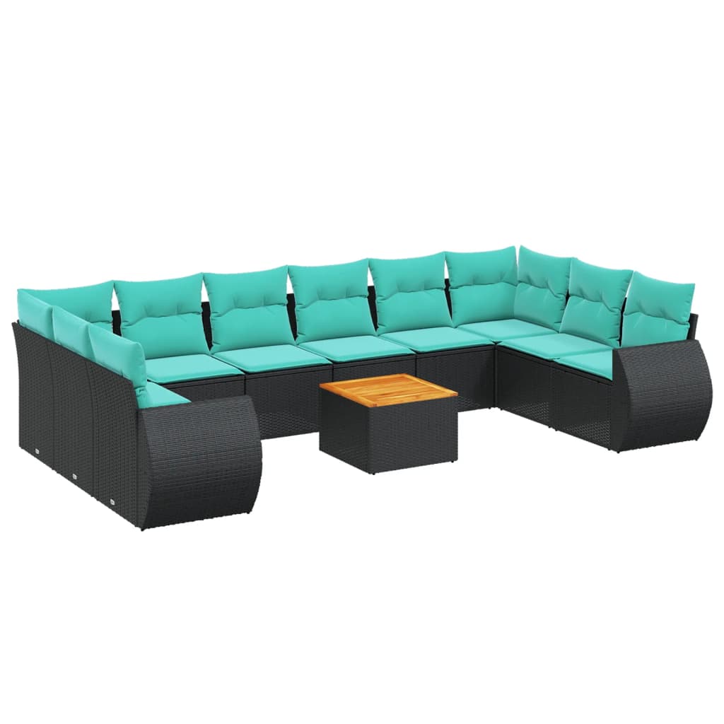 11 Piece Patio Sofa Set with Cushions Black Poly Rattan