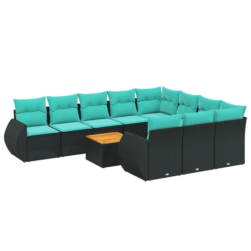 11 Piece Patio Sofa Set with Cushions Black Poly Rattan