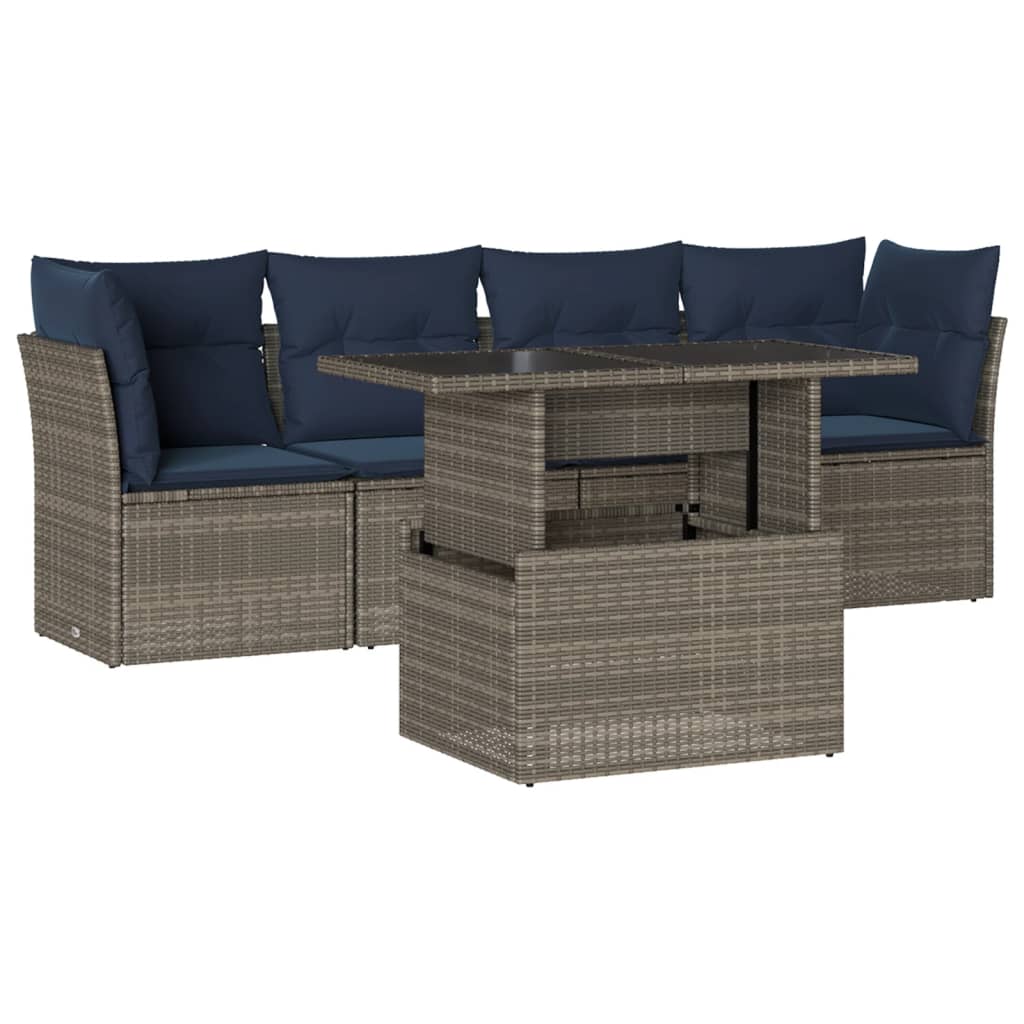 5 Piece Garden Sofa Set with Cushions Grey Poly Rattan