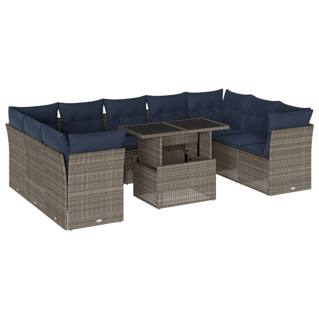 10 Piece Garden Sofa Set with Cushions Grey Poly Rattan
