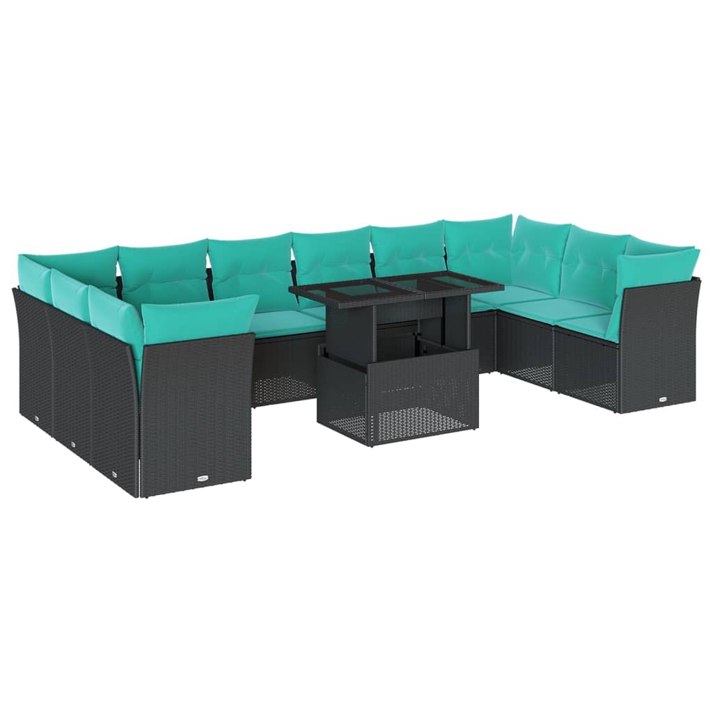 11 Piece Garden Sofa Set with Cushions Black Poly Rattan