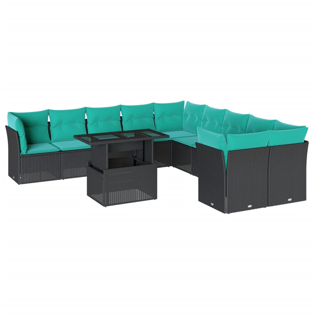 11 Piece Garden Sofa Set with Cushions Black Poly Rattan