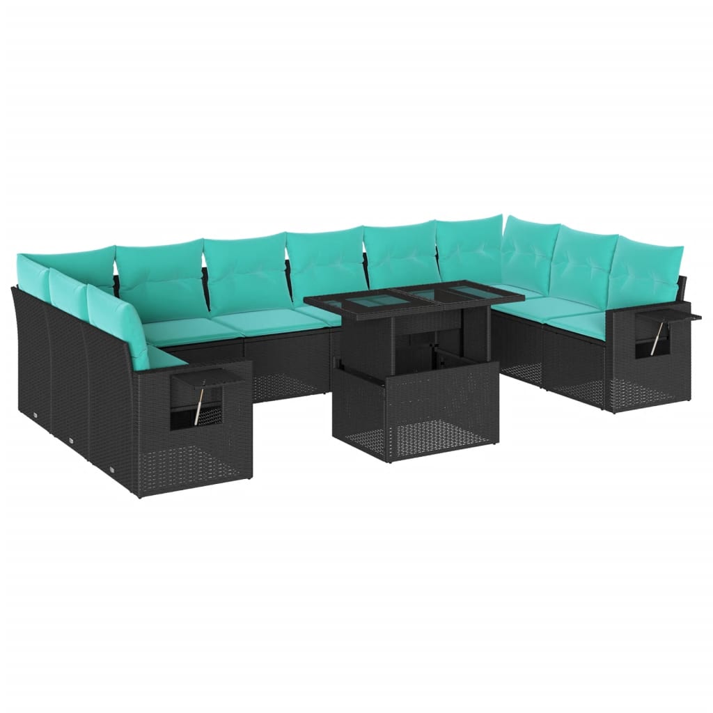 11 Piece Garden Sofa Set with Cushions Black Poly Rattan