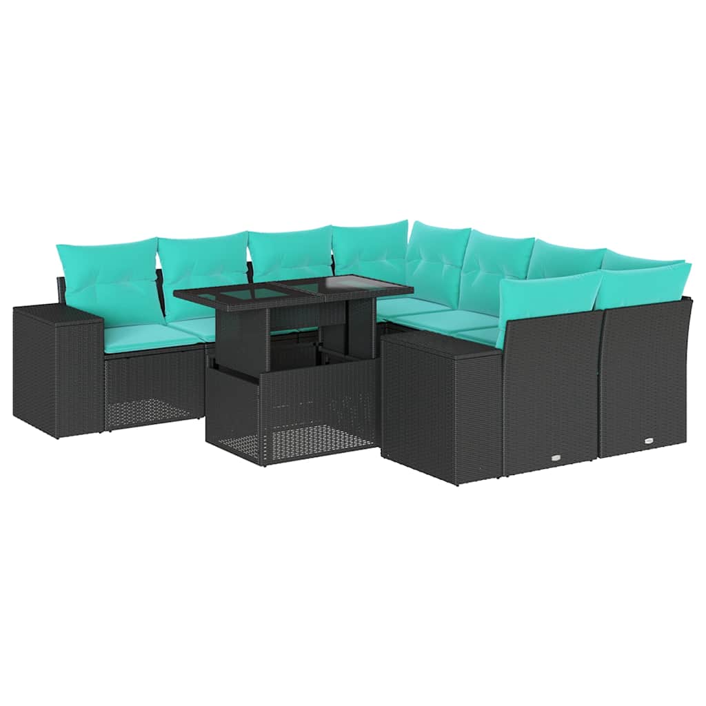 9 Piece Garden Sofa Set with Cushions Black Poly Rattan