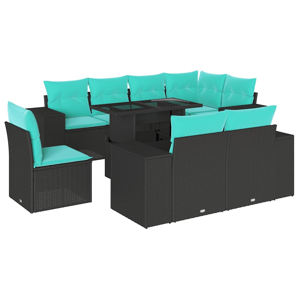 9 Piece Garden Sofa Set with Cushions Black Poly Rattan