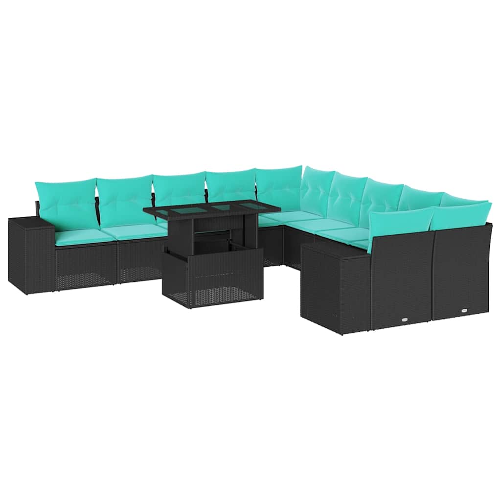11 Piece Garden Sofa Set with Cushions Black Poly Rattan
