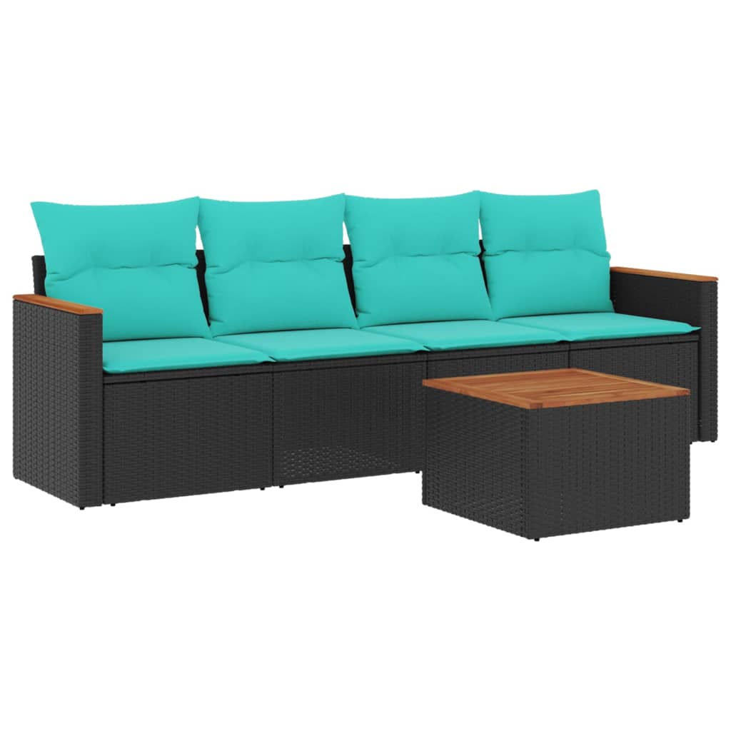 5 Piece Patio Sofa Set with Cushions Black Poly Rattan