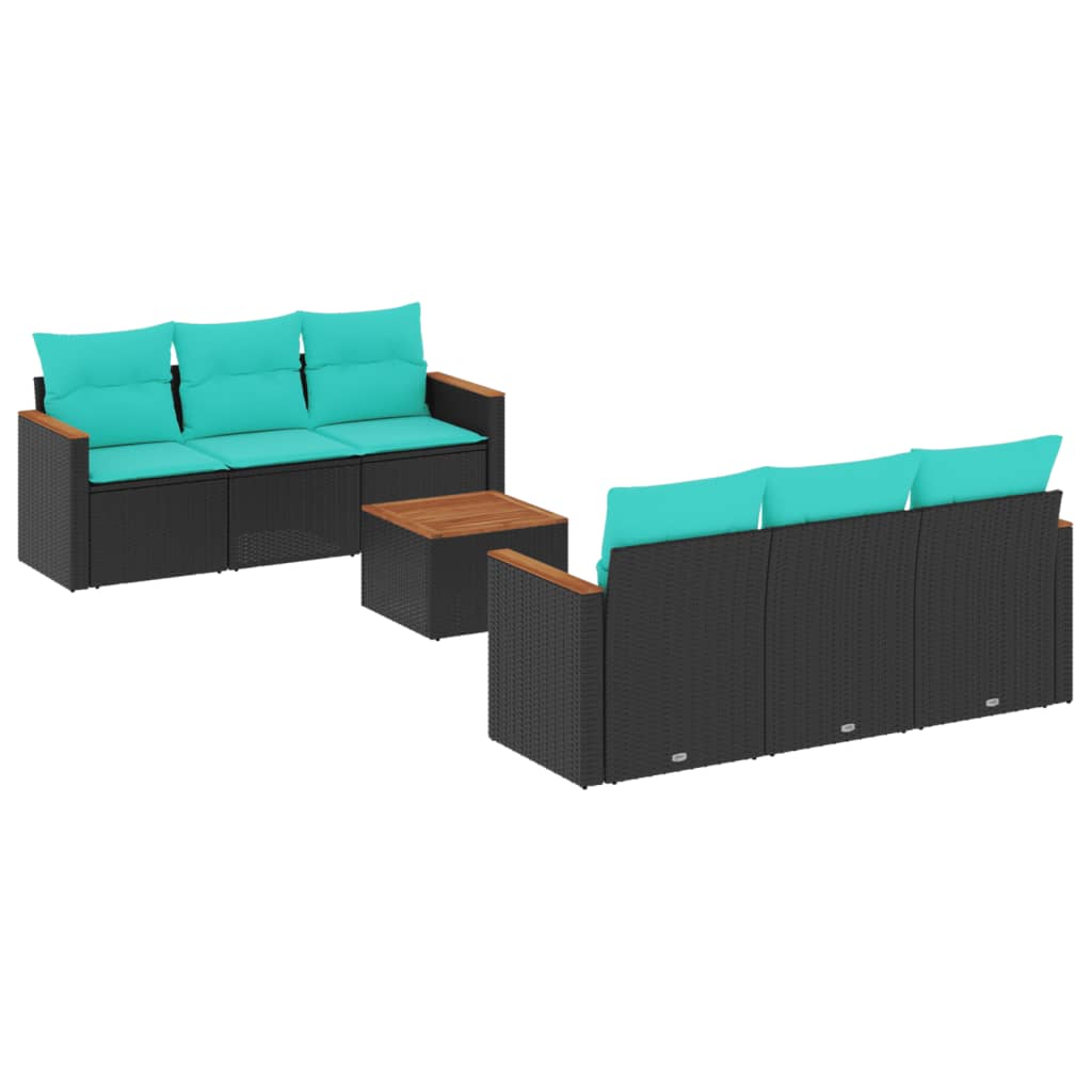 7 Piece Patio Sofa Set with Cushions Black Poly Rattan