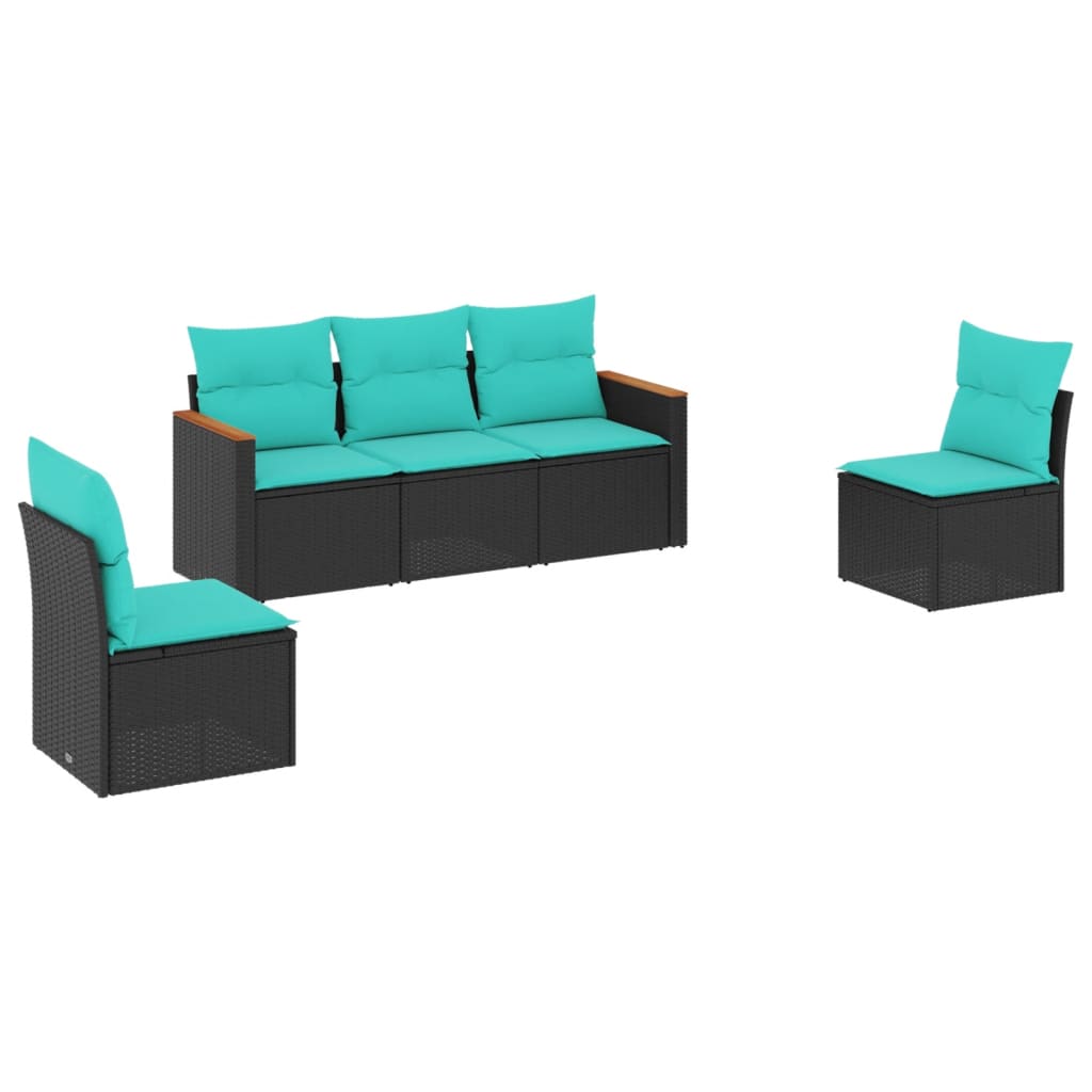 5 Piece Patio Sofa Set with Cushions Black Poly Rattan