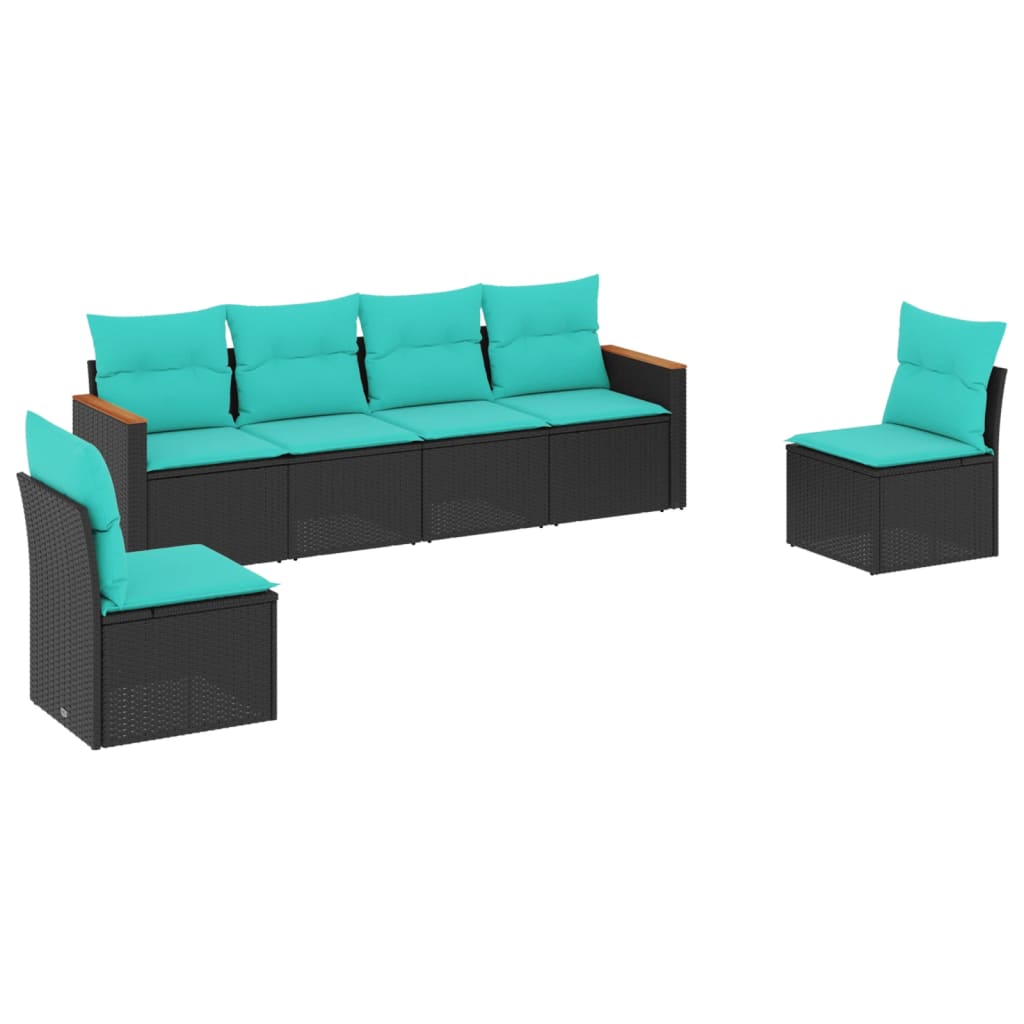 6 Piece Patio Sofa Set with Cushions Black Poly Rattan