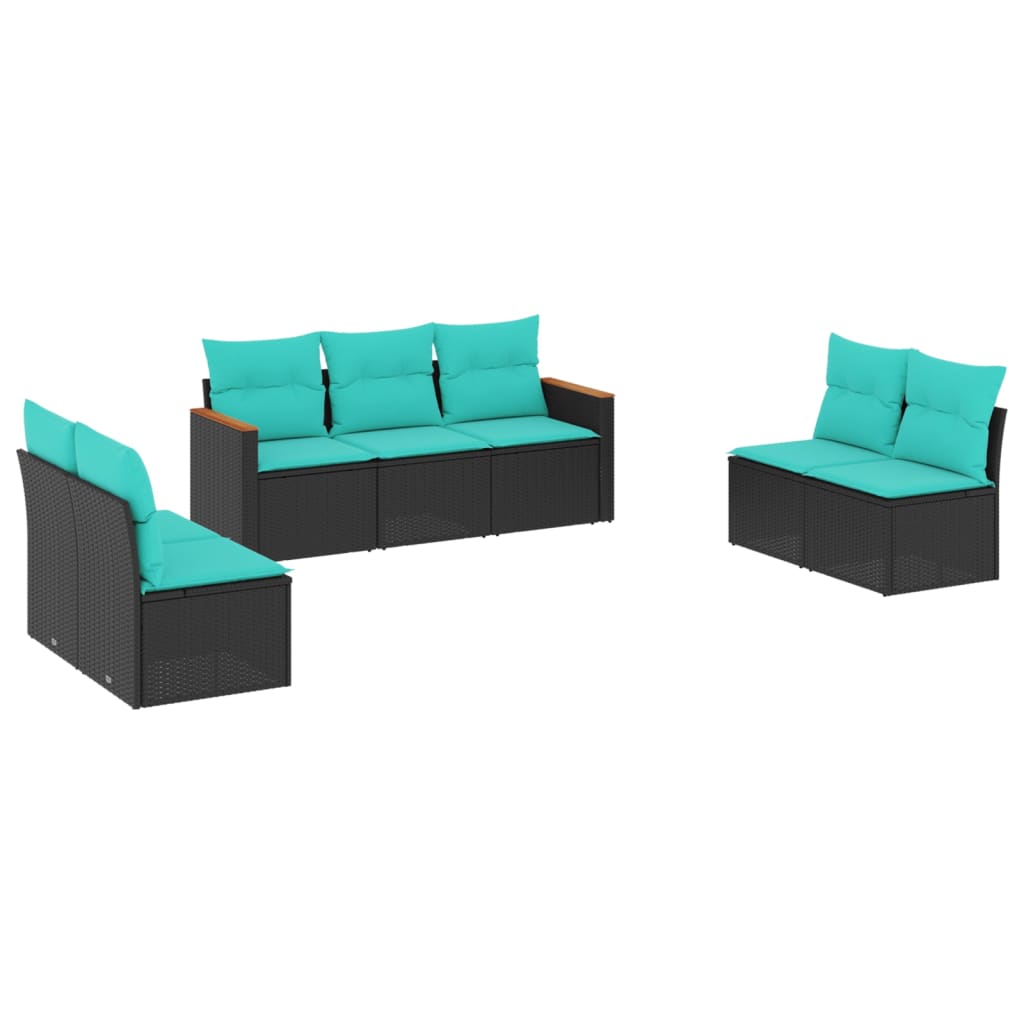 7 Piece Patio Sofa Set with Cushions Black Poly Rattan