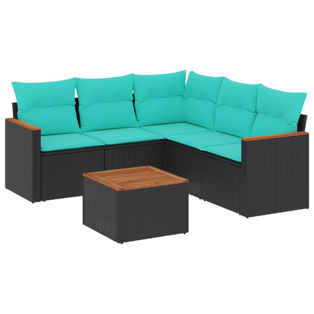 6 Piece Patio Sofa Set with Cushions Black Poly Rattan