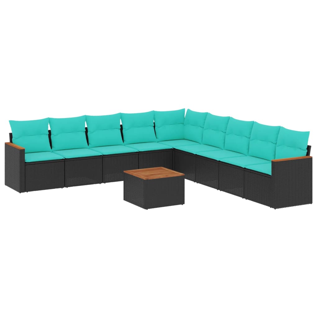 10 Piece Patio Sofa Set with Cushions Black Poly Rattan